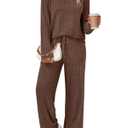 LILLUSORY Womens Lounge Sets 2 Piece Matching Pajamas Fall Fashion 2026 Ribbed Knit Outfits Long Sleeve Casual Sweatsuits Trendy Plus Size Sweaters Cute Sleep Wears Travel Soft Clothes CoffeeBrown XL