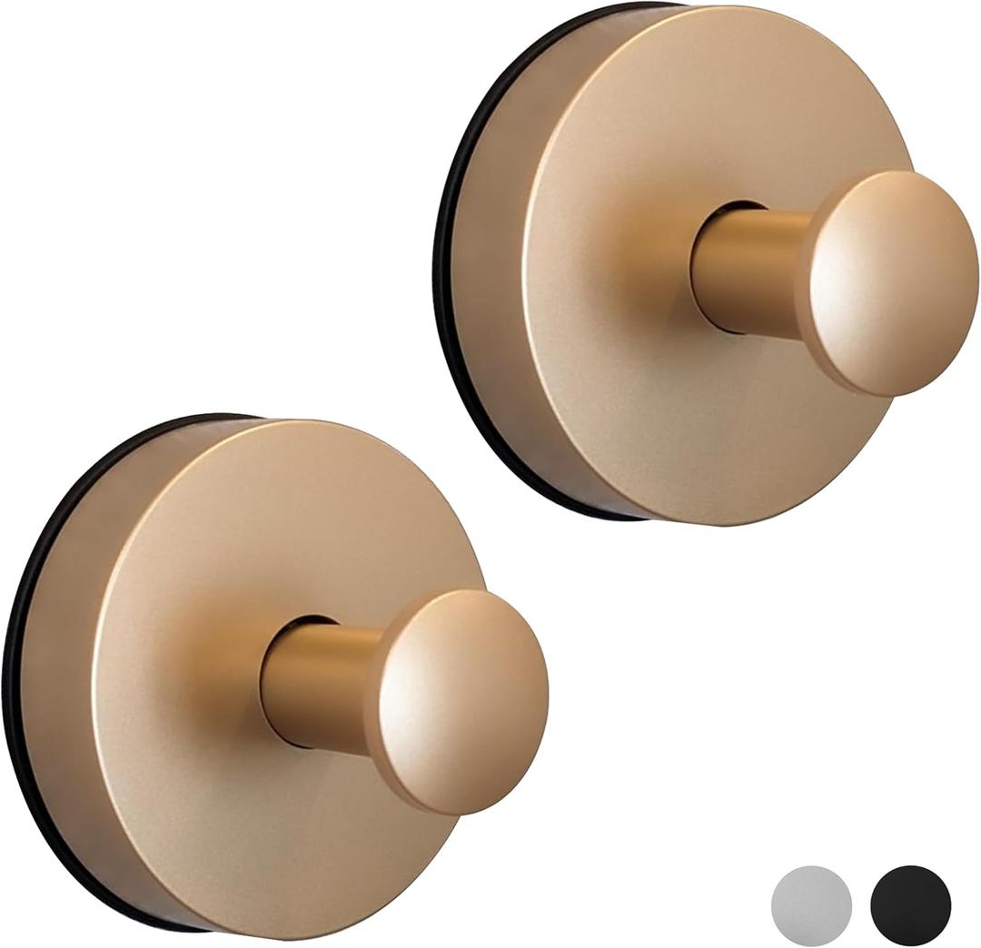 Suction Cup Hooks for Shower, Bathroom, Glass Door, Mirror, Tile - Loofah, Towel, Coat, Robe for Hanging up to 15 lbs  Brushed Gold, Matte Chrome Nickel, Black - 2 pack (Brushed Gold)
