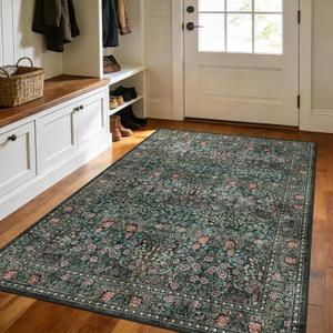 Non Slip Floral Entry Rug - 3x5 Soft Washable Bedroom Area Rug Black Dark Green Boho Botanical Carpet Accent Throw Rugs for Living Room Bedroom Entryway Dorm Bathroom Nursery Home Decor