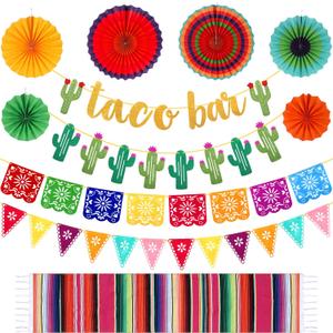 Tatuo 39 Pcs Cinco De Mayo Taco Bar Decoration Kit, Mexican Fiesta Party Decor, Taco Bar Cactus Banner Garland Serape Table Runner Fiesta Paper Fan Mexicano Picado Banner for Party Supplies (Rose Red)