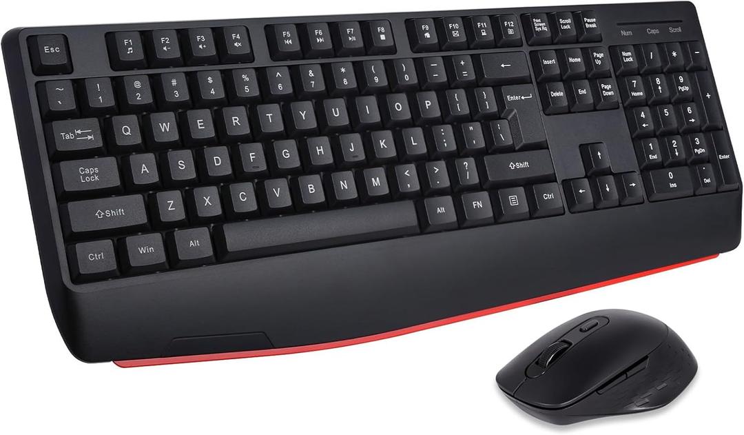 HUO JI Wireless Keyboard and Mouse Combo, 2.4G Full-Size Ergonomic Computer Keyboard with Wrist Rest and 3 Level DPI Adjustable Wireless Mouse for Windows, PC/PS/Desktop/Mac/Laptop, Black
