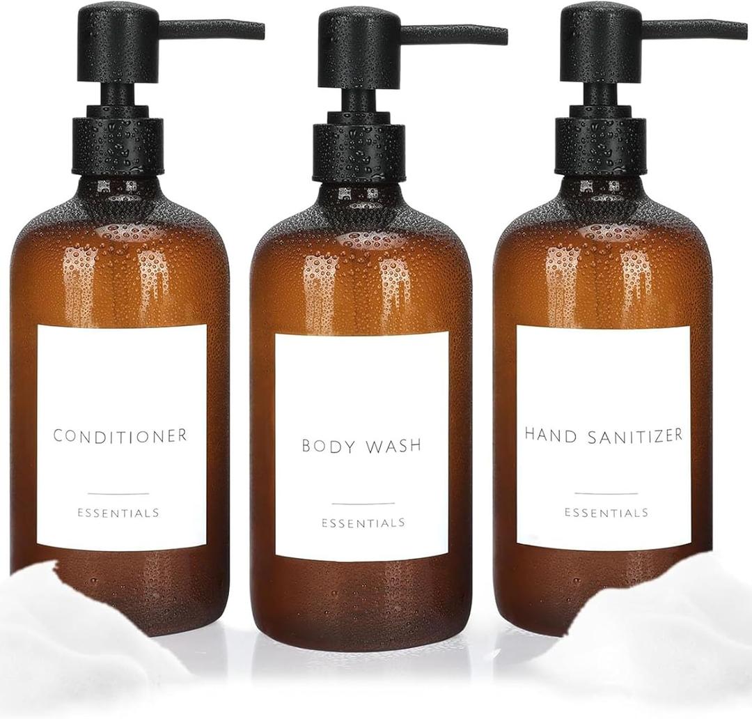 Shower Soap Dispenser Set of 3 Plastic 21oz Shampoo and Conditioner Bottles with Pump and Labels Bathroom Soap Dispenser Set Easy to Refill Body Wash for Bathroom Decor (Brown)