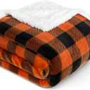 PAVILIA Black Orange Buffalo Plaid Sherpa Throw Blanket for Couch Twin, Soft Fuzzy Flannel Blanket for Bed, Plush Halloween Checkered Fleece Blanket and Throws, Warm Thick Winter Blanket Gift, 60x80
