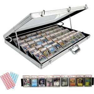 Professional Large Card Display Case (5 Raising Bars, Built-in Prop Rod and 80 Stickers) | 34 x 22 inches | Tabletop TradeShow Display Case for Sports Cards & Trading Cards | Aluminum Frame - (Silver)