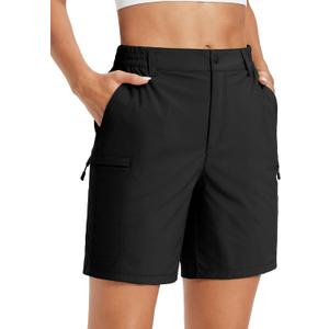 MAGCOMSEN Womens 7" Hiking Cargo Shorts Quick Dry Lightweight Golf Shorts with Pockets for Summer Casual Travel Outdoor (Black, XL)