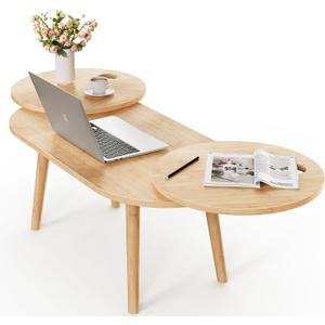 Innens Coffee Table,Modern Coffee Table for Living Room,Rotatable Small Round Nesting Tables Built in Holder,Expandable Bamboo Mid Century Oval Home Furniture for Apartment,Office,Caravans