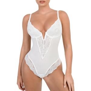 Popilush Lace Shapewear Bodysuit Tummy Control Corset Tops V Neck Sleeveless Backless Body Suit Thongs (White) S 