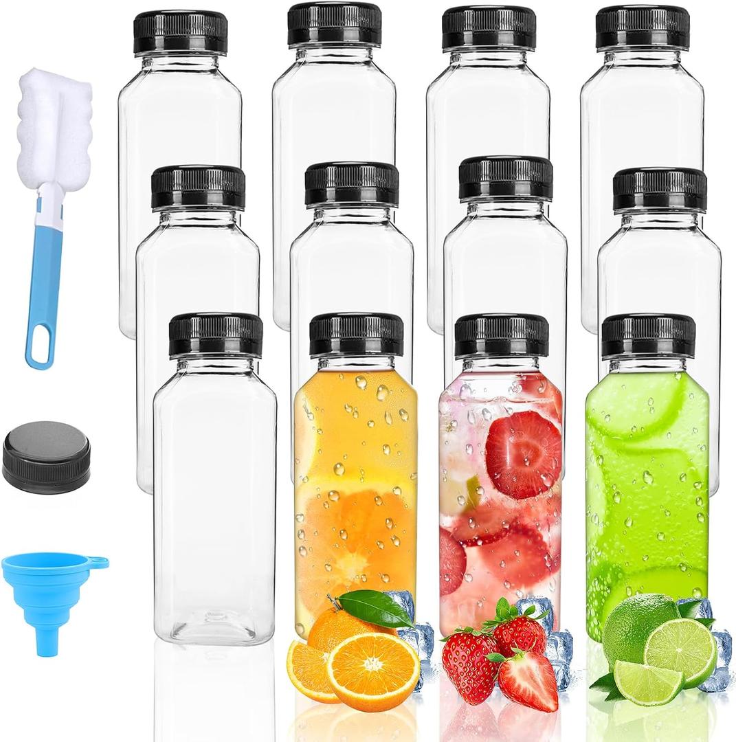 12 Oz Plastic Juice Bottles with Caps 12Pcs Juicing Bottles Clear Reusable Containers Black Lid Plastic Smoothie Bottle Ideal for Juice Milk Homemade Beverages (12oz) (12oz-black)
