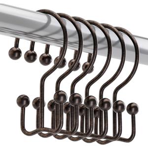 Titanker Shower Curtain Hooks Bronze, Minimalist Simple Double Glide Shower Curtain Rings, Rust Proof Metal Shower Hooks Rings for Bathroom Shower Rods Curtains, Set of 12 Hooks