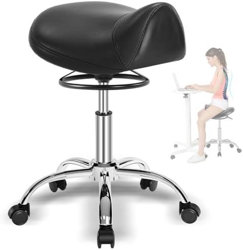 Saddle Stool with Wheels 400 lbs Weight Capacity, Heavy Duty Rolling Stool for Medical Massage Salon Kitchen Spa Drafting Nail-Tech,Height Adjustable,360 Swivel,Wide Thick Seat Padding (Black)