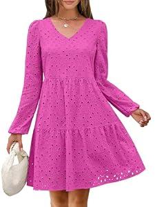 ANRABESS Long Sleeve V Neck Dresses for Women Eyelet Hollow Out Business Casual Tiered 2026 Fall Mini Dress with Pockets Hot Pink X-Large