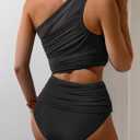 Bikini Sets for Women Tummy Control Two Piece Swimsuits Mesh One Shoulder Bathing Suits (Black, S)