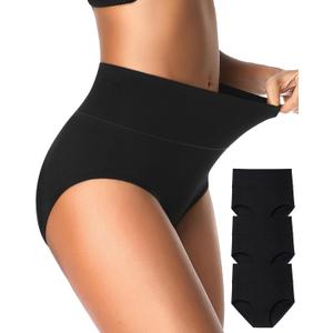 EIGGAM Tummy Control Underwear Soft High Waisted underwear Full Coverage Briefs Breathable Postpartum Cotton Womens Panties (Medium, Black F - 3 Pack)
