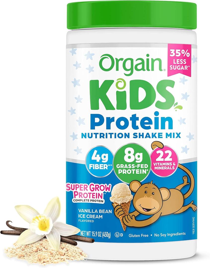 Orgain Kids Protein Powder Shake Mix, Vanilla Bean Ice Cream - 8g Grass-Fed Dairy Protein, 4g Fiber, 22 Vitamins & Minerals, Gluten Free, No Soy Ingredients, Adds Healthy Nutrients to Kids Snacks, 1lb (EXP 10/26/26)