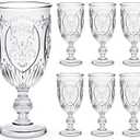 6 Pcs Plastic Goblets 7.5oz Vintage Goblet Plastic Wine Glasses Colored Retro Embossed Water Goblets for Wine Bar Juice Baby Shower Wedding Reception Grand Event Party (Clear)