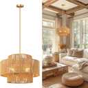 24'' Boho Rattan Chandelier, 4-Light Hand-Woven Wicker Pendant Lamp, Rustic Modern Ceiling Light Fixture for Dining Room, Kitchen Island, Living Room, Bedroom, Foyer, Entryway, Over Table