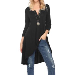 Naggoo Women's 3/4 Sleeve Button V Neck High Low Loose Fit Casual Long Tunic Tops Tee Shirts S-3XL (Large, Black)