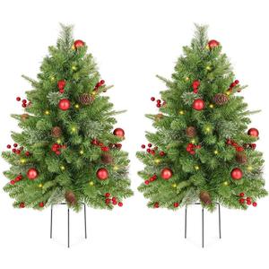 KING BIRD 2 Set 30 Inch Outdoor Christmas Tree, Pre-Lit LED Christmas Porch Decorations Outdoor Tree, 260 Branch Tips Lush, Pine Cones, Red Berries and Red Ball