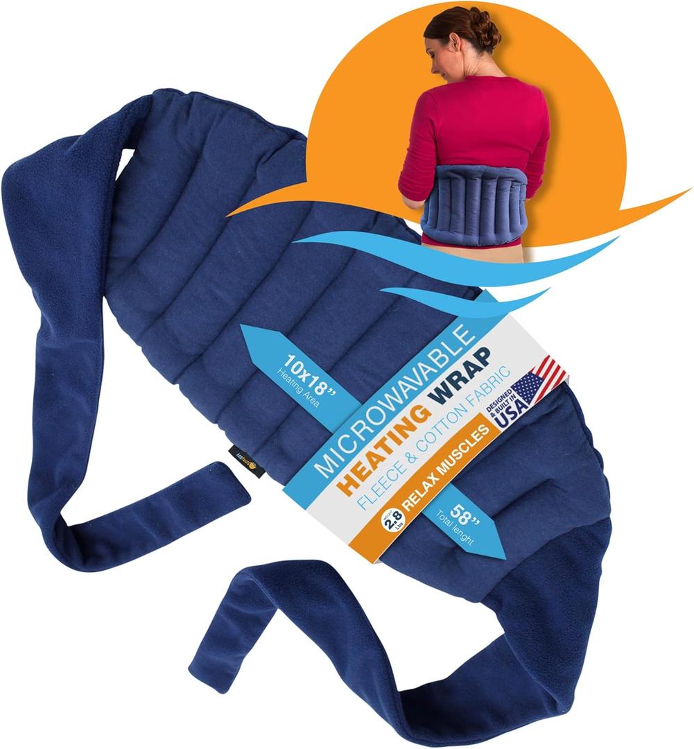 SunnyBay Microwave Heating Pad, Microwavable Moist Hot or Cool Bean Bag Wrap for Neck, Shoulder, Knee, or Back Pain with Fastening Straps, 10x18 Inch Heating Area, 2.8 Lbs, 58 Inches (Lowerback Regular - Navy Blue)