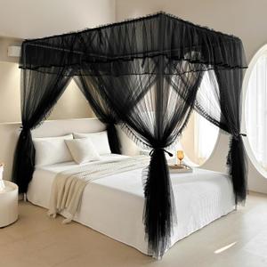 AIKASY 4 Corners Post Ruffle Princess Bed Canopy Curtain - Double Layer Cozy Drape Netting with 4 Openings - Elegant Mosquito Net for Girls and Adults Bedroom Decoration (Black, King)