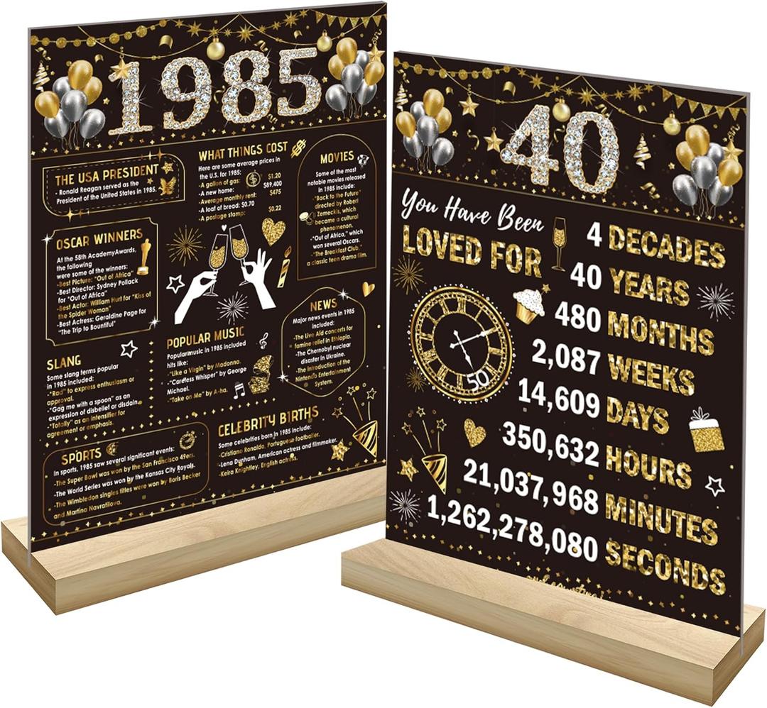 Black Gold 40th Birthday Decorations for Men Women Include Wooden Two-Sided Vintage 40 Back in 1985 Table Sign Poster with Stand Forty Birthday Theme Party Table Decor Display Holder