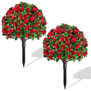 Waipfaru 2 Pack Artificial Flowers Topiary Ball Trees for Outdoors, 24" Fake Bushes Plants, UV Resistant Faux Shrubs with Ground Spike for Front Porch Planters Patio Garden Yard Decor(Red)