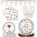 Qinyoung 25 Set Galentines Day Party Banner Decorations Espresso Martini Pink Bow Tableware Set Galentines Day Disposable Paper Dinner Plates Napkins and Cups for Valentines Party Supplies