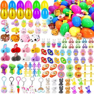 100 PCS Prefilled Easter Eggs with 6 Surprise Golden Eggs & Assorted Toys, Plastic Fillers with Toys for Kid Toddler Boys Girls Party Favors Easter Basket Stuffers