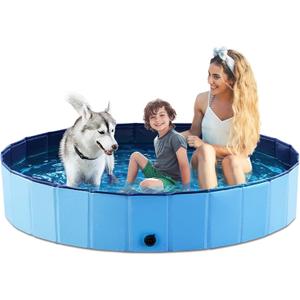 Jasonwell Foldable Dog Pool Collapsible Hard Plastic Swimming Pool Portable Kiddie/Pet Pool Doggie Wading Pool Bath Tub for Puppy Small Medium Large Dogs Cats and Kids 71" (Plastic Board Blue)