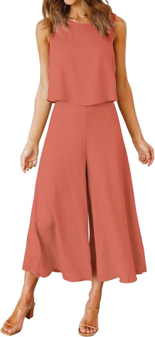 ROYLAMP Women's Summer 2 Piece Outfits Round Neck Crop Basic Top Cropped Wide Leg Pants Set Jumpsuits (Orange, M)
