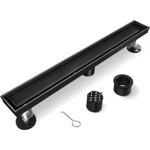 Black Shower Drain, 24 Inch Linear Shower Drain with Removable Tile Insert Grate, 2 in 1 Bathroom Modern 304 Stainless Steel Matte Black Shower Floor Drain with Adjustable Feet,Hair Strainer
