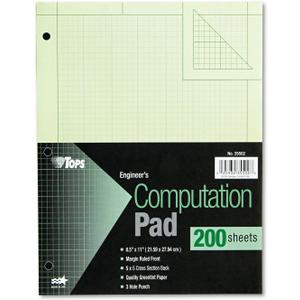 TOPS Engineering Computation Pad, 8-1/2" x 11", Glue Top, 5 x 5 Graph Rule on Back, Green Tint Paper, 3-Hole Punched, 200 Sheets (35502)