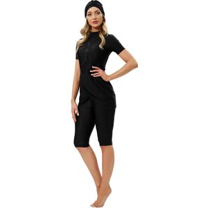 Muslim Swimsuits for Women Modest Full Cover Swimwear Short Burkini Top Pants Hijab Islamic Swimsuit 3Pcs Rashguard (Large, Black)