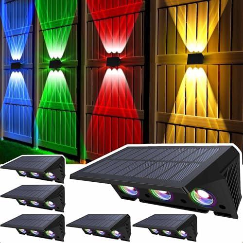 Solar Fence Lights 6-Pack, IP67 Waterproof Solar Wall Lights | Up/Down with 6 Bulbs | Dusk to Dawn 12+ Hours Auto On/Off for Outdoor/Patio/Deck/Step/Backyard/House/Stair/Railings ( White / RGB )