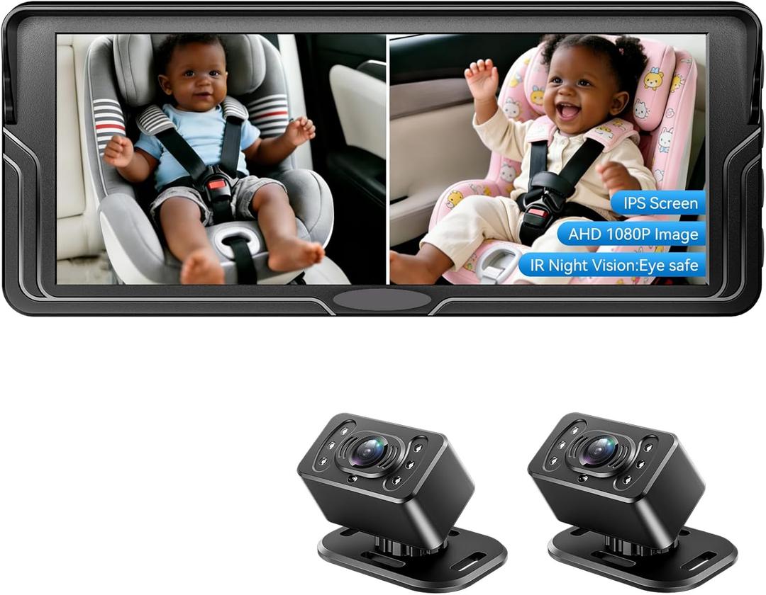 Dual Baby Car Camera for 2 Kids - 6.86 Inch IPS AHD 1080P Split Screen Monitor with 2 Backseat Cameras, Cigarette Lighter & USB Powered, IR Night Vision, 360 Rotatable, Double Rear-Facing Mirror