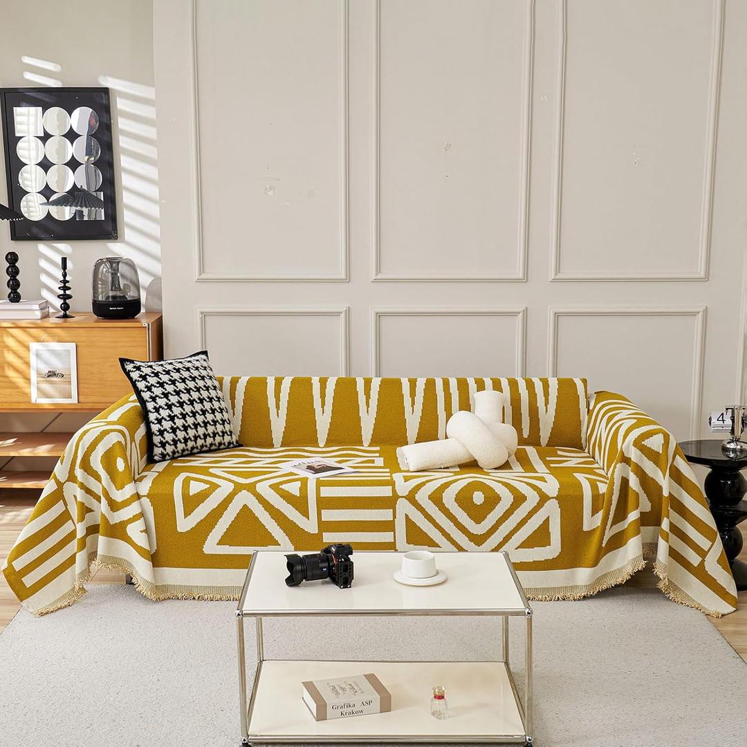 VClife Boho Couch Cover Sectional Sofa Cover for Dog Breathable Chenille Couch Covers for 2 Cushion Couch Sofa, Washable Mustard Yellow White Geometry Loveseat Cover Slipcover with Tassel 71"X102"