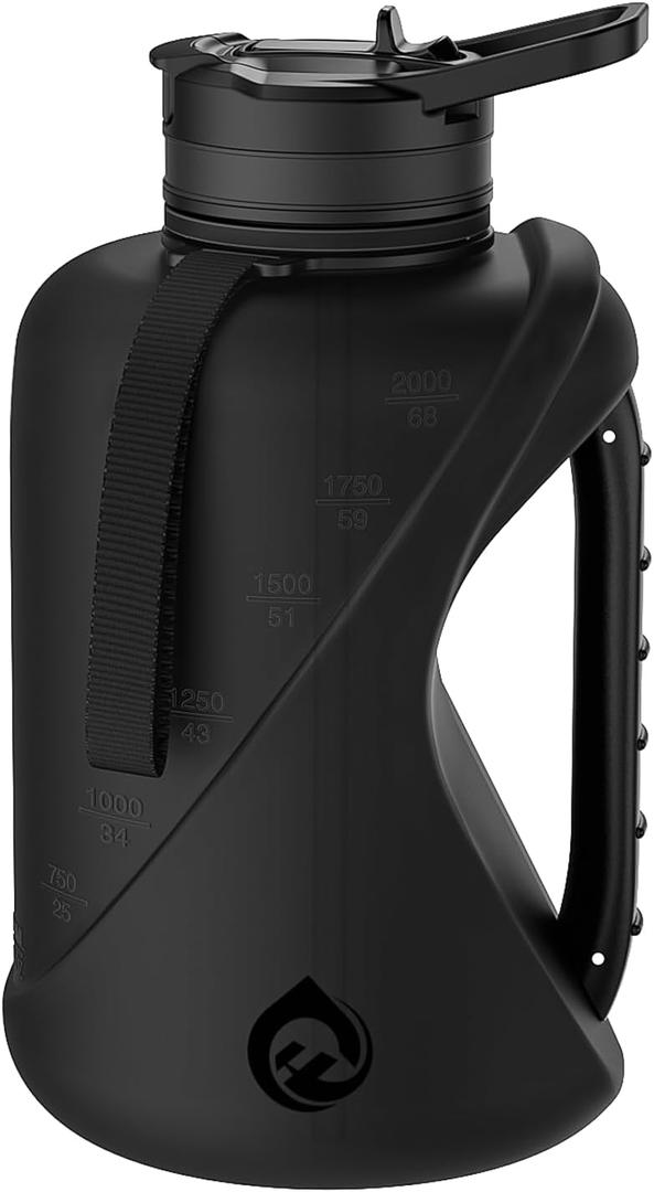 Half Gallon Water Bottle with 2-In-1 Straw LidDishwasher SafeEasy CleanBPA-FreeDurable Solid No-Slip Handle for GymWork and Outdoor Sport, 74oz, Black
