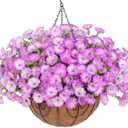 Artificial Fake Hanging Flowers Plants Baskets for Outdoor Spring Summer Decoration, Faux Silk Morning Glory in Planter UV Resistant Realistic for Home Outside Porch Patio Balcony Garden Yard