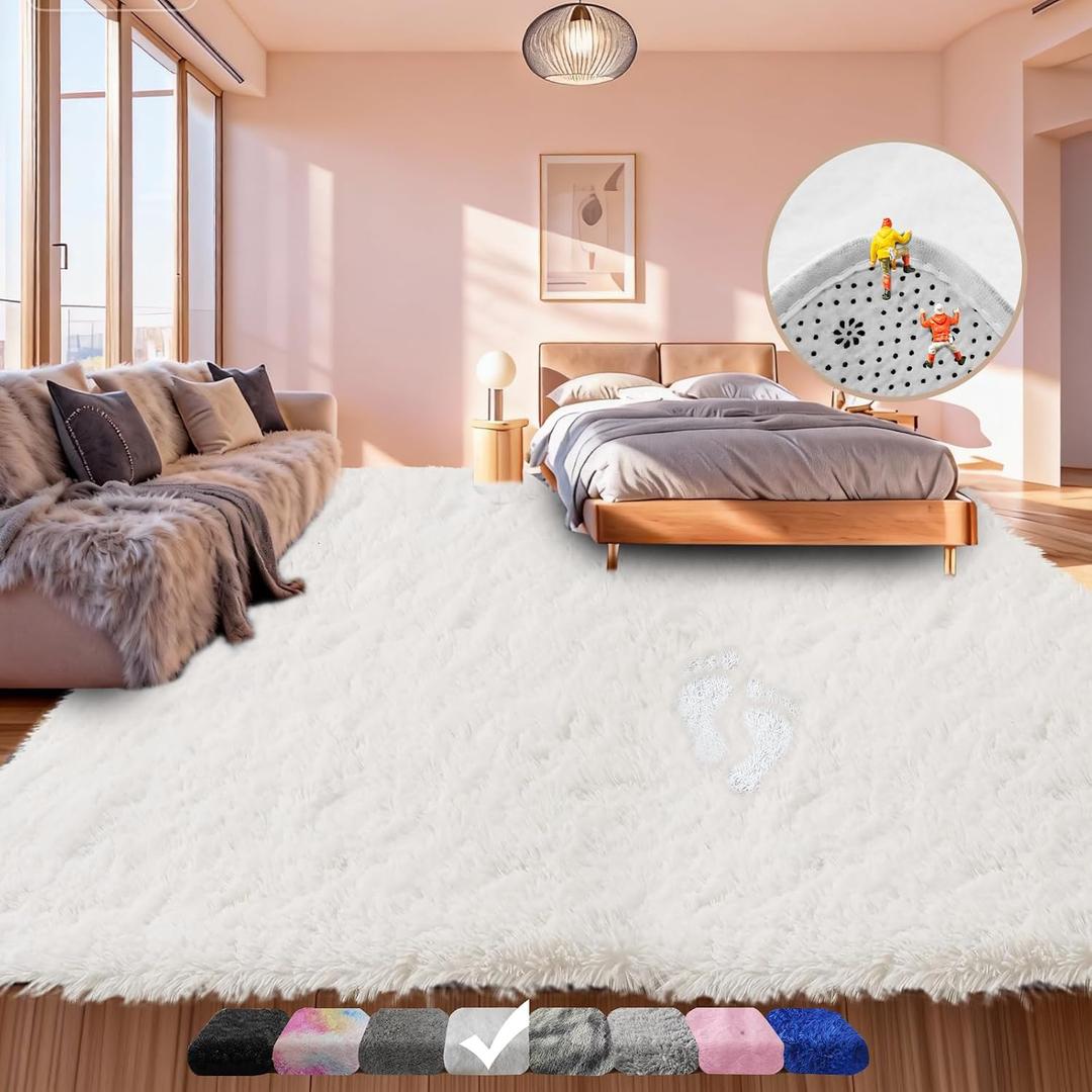 Large Shag Area Rugs 6x9 White, Plush Fuzzy Shaggy Rug for Living Room, Ultra Soft Fluffy Furry Rugs for Bedroom, Upgrade Non-Slip Indoor Thick Carpet Nursery Rugs for Kids Girls Boys Room Home Decor