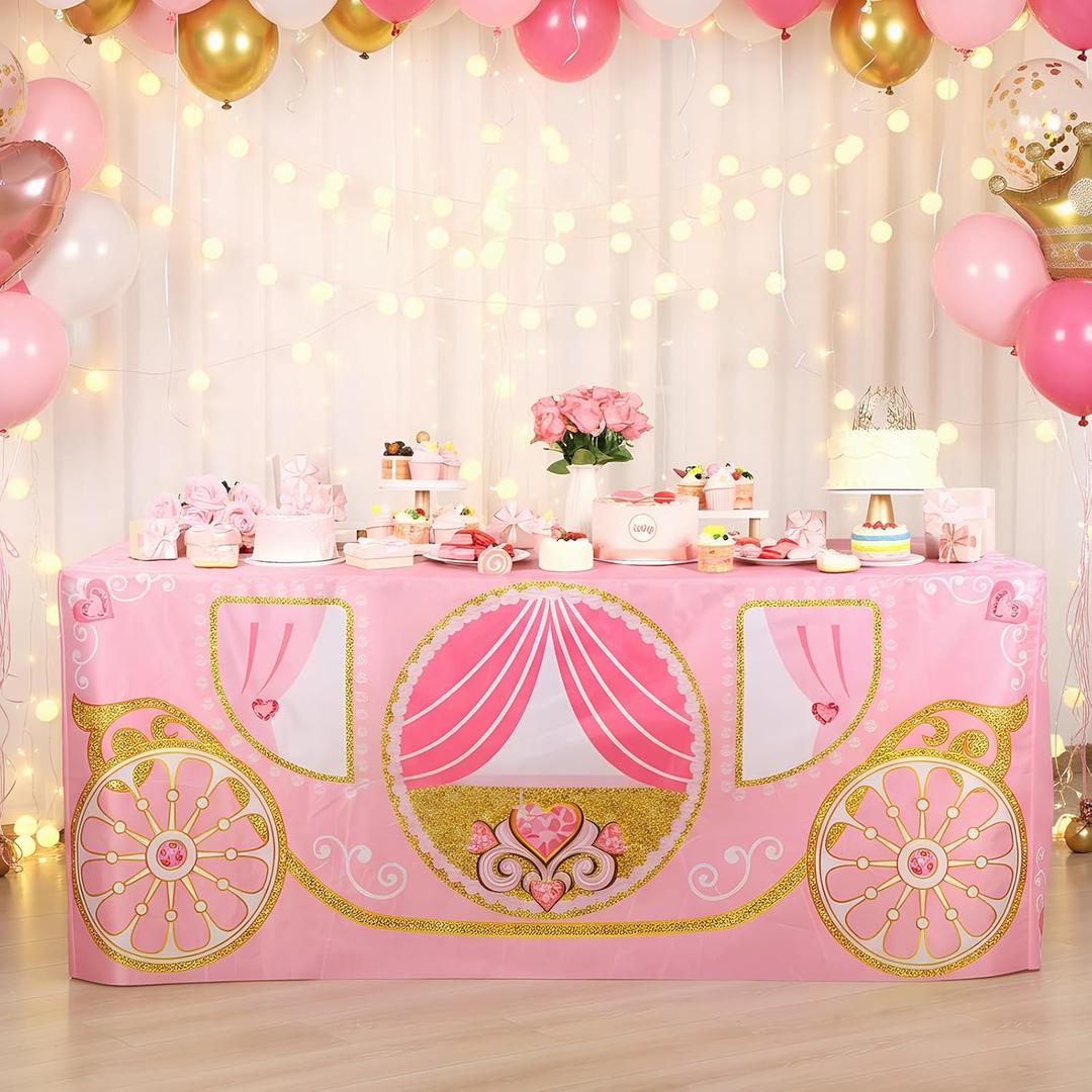 Oudain 6ft Princess Birthday Party Decorations Princess Rectangle Fitted Tablecloth Cosplay Themed Party Supplies Washable Fabric Polyester Tablecloth Pink Table Cover for Birthday Decorations