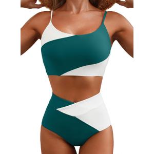 Herseas Women 2 Piece High Waisted Bikini Sets Color Block Popular Swimsuit 2026 Summer Beach Best Bathing Suits Large