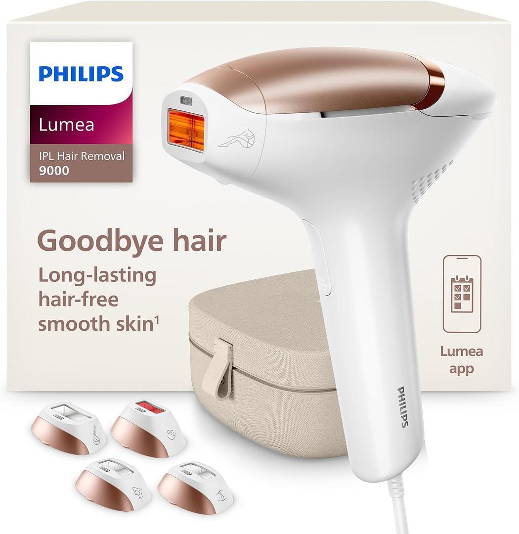 Philips Lumea 9000 Series IPL Hair Removal Device, Visible Permanent Laser Hair Reduction Done at Home, for Women & Men, SenseIQ Technology, 4 Attachments for Body, Face, Bikini & Underarms, BRI984/03 (Body+Face+Bikini+Underarm)