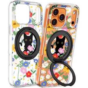 Loheckle for iPhone 17 Pro Max Case - Compatible with MagSafe Stand Women Girls Cute Clear Aesthetic Kawaii Unique Design Soft TPU Built-in Magnetic Stand Phone Cover for Apple 17 Promax, Cat Flower