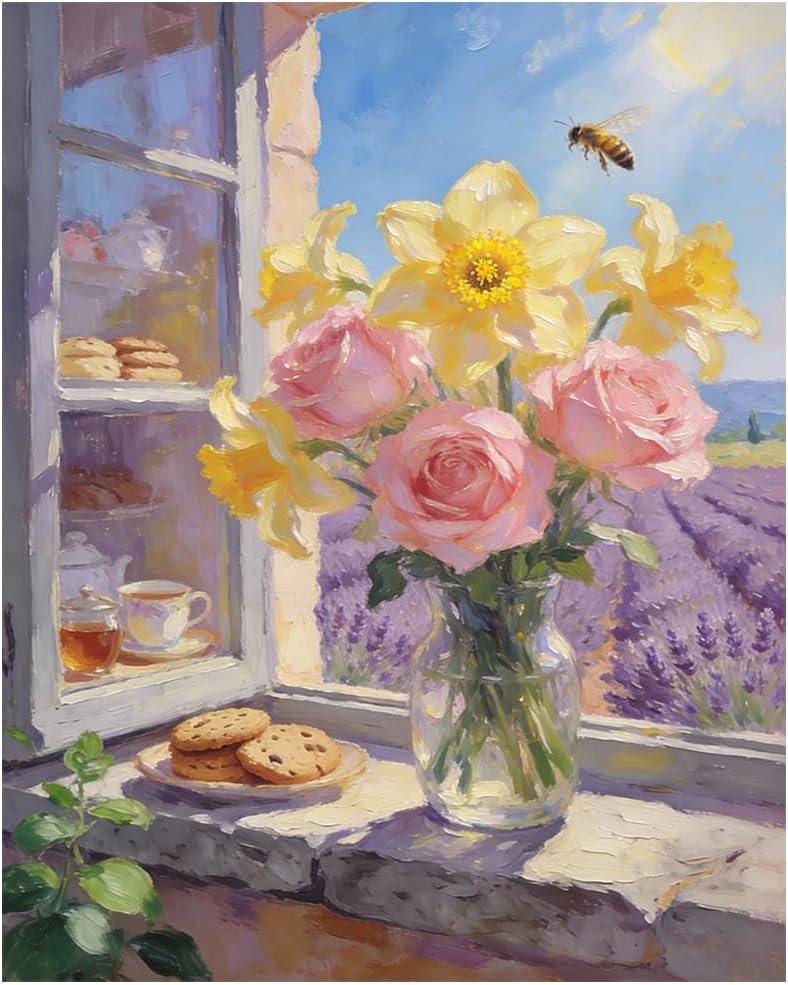Lavender Garden Window with Pink Roses and Daffodils Paint by Numbers Kit for Adults, DIY Acrylic Painting, Beginner Wall Art, Floral Garden Art, Gift for Flower and Nature Lovers,12X16IN Framed