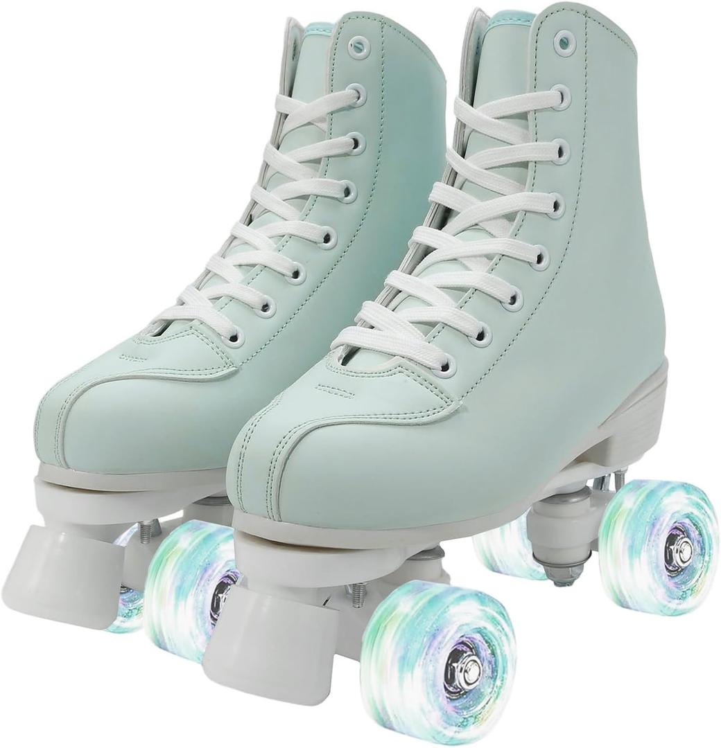 Roller Skates for Women and Men, Classic Double-Row Indoor Outdoor Roller Skates High-Top Premium PU Leather Adjustable Light Up Four-Wheel Unisex Quad Roller Skates for Beginner Girls Boys 40-US Women 8