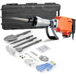 VEVOR Demolition Jack Hammer, MAX 2200W Electric Jackhammer Heavy Duty, 1400 BPM Concrete Breaker 4pcs Chisels Bit Chipping W/Case, Gloves (Orange)