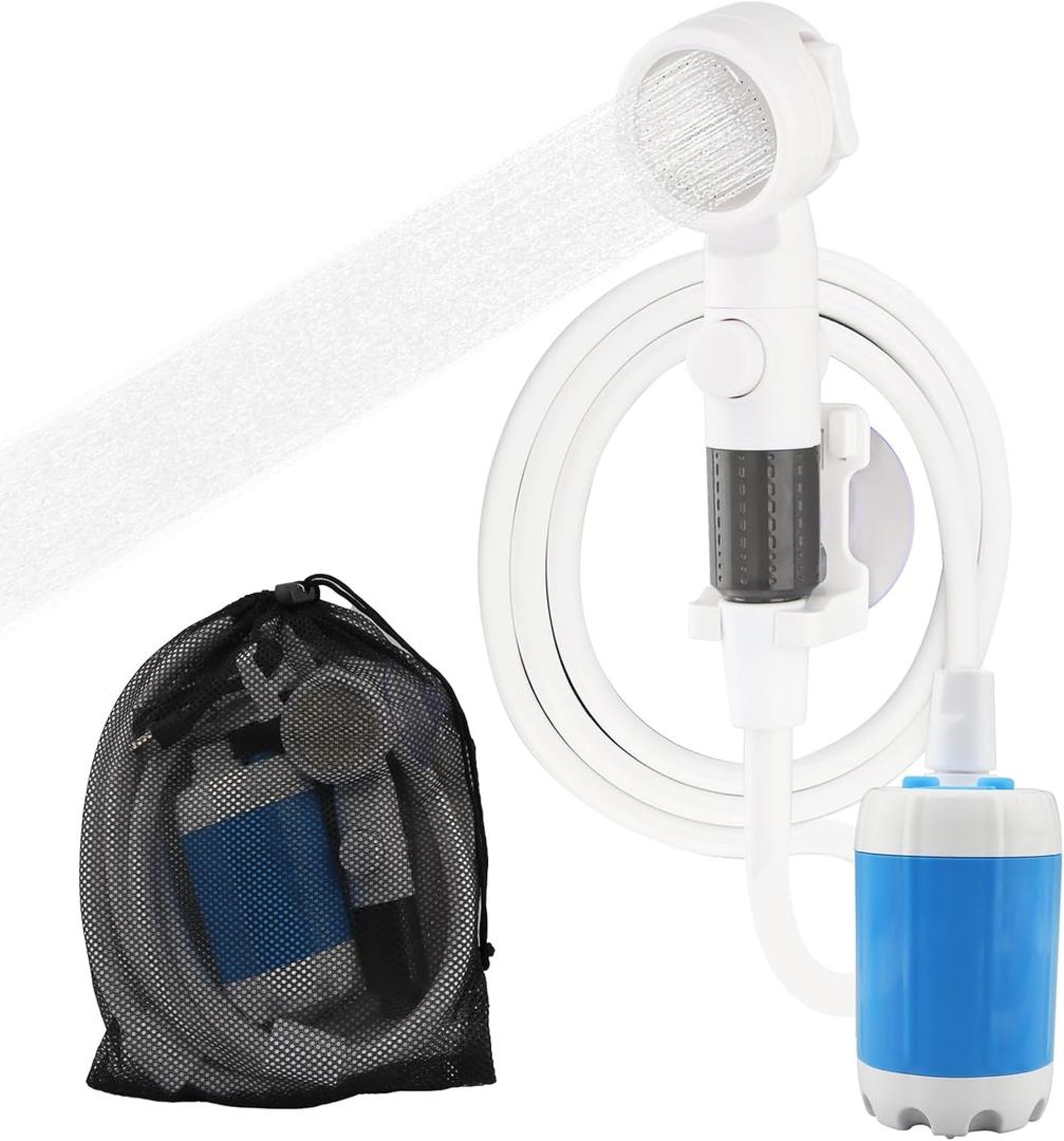 Outdoor Shower & Portable Rinse Kit, 10-Piece Portable Camping Shower with USB Rechargeable Pump, Hose and Multi-Spray Showerhead, Pumps Water from Bucket for Camping, Travel, Pet Bath, Plant Watering
