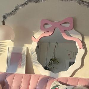 Pink Bow Wall Mirror 14.6 x 15.8'' Decorative Makeup Mirror Coquette Room Decor for Bedroom Living Room Dresser Dorm Office Cabinet