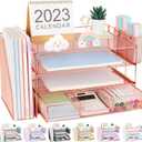 Desk Organizer and Accessories, 4-Tier Desktop File Organizer with Drawer and 2 Pen Holders, Office Desk Accessories for Office Supplies(Rose Gold)