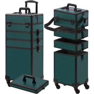 Makeup Train Case, Rolling Makeup Case with Lid, 5 in 1 Cosmetology Case on Wheels, Christmas Gift, Large Makeup Case Organizers, Profesional Cosmetic Case for Salon Barber, Black Green (4 layers)